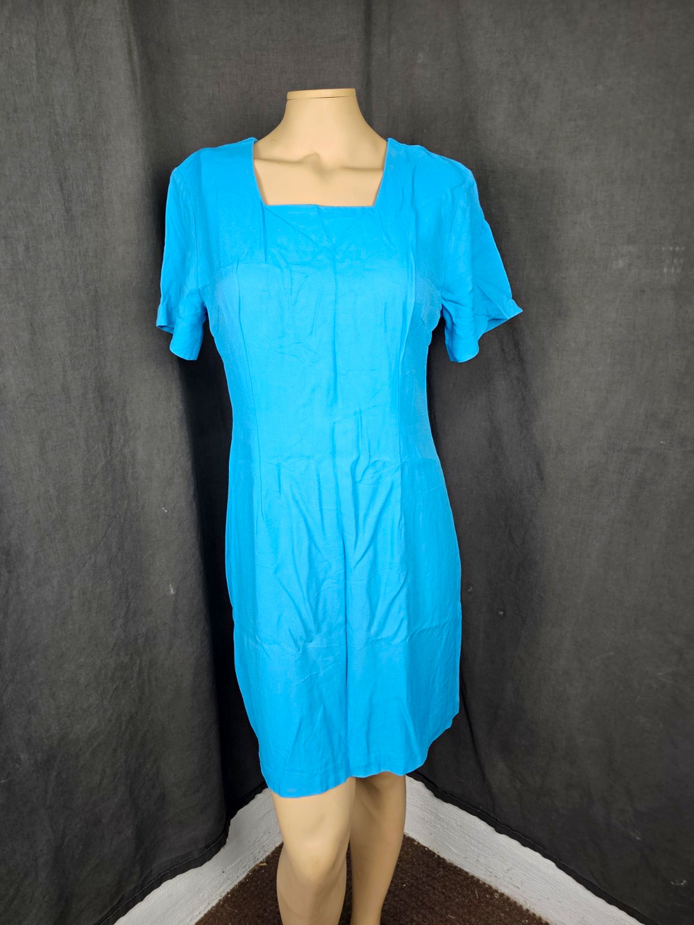 Vintage 90s Shift Dress Womens 10 Blue Rayon Crepe Square Neck Short Sleeve Midi